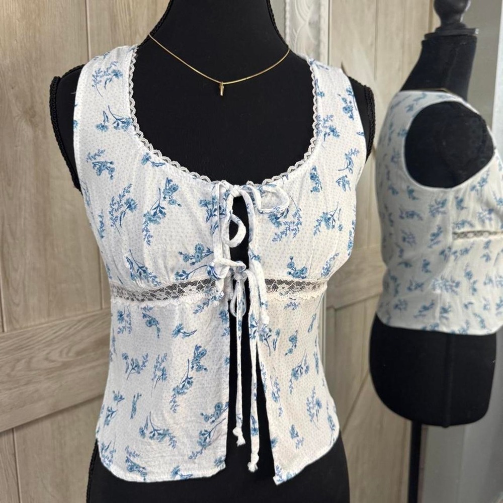 Blue Floral Lace Tie-Front Top - Small